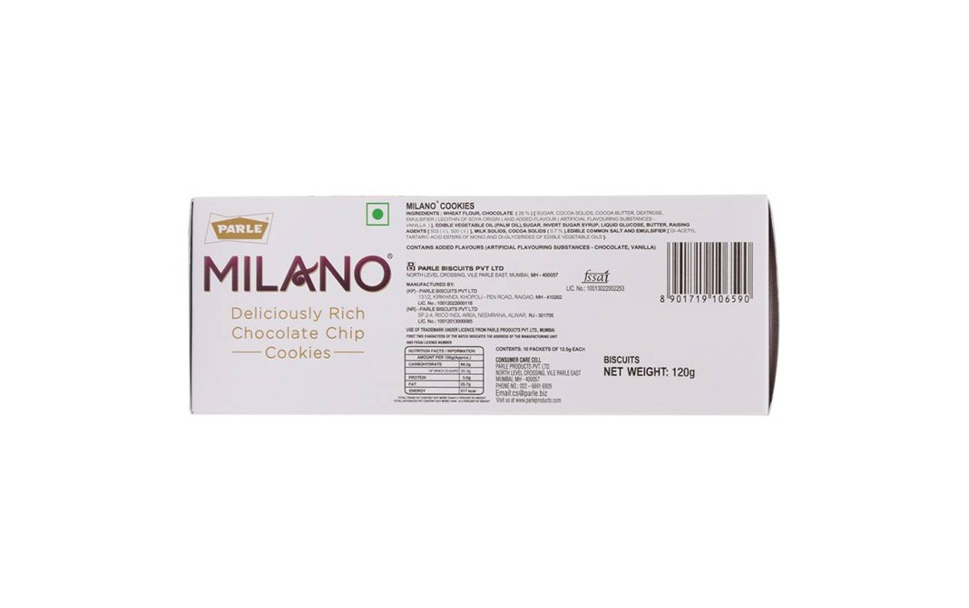 Parle Milano Deliciously Rich Chocolate Chip Cookies   Box  120 grams